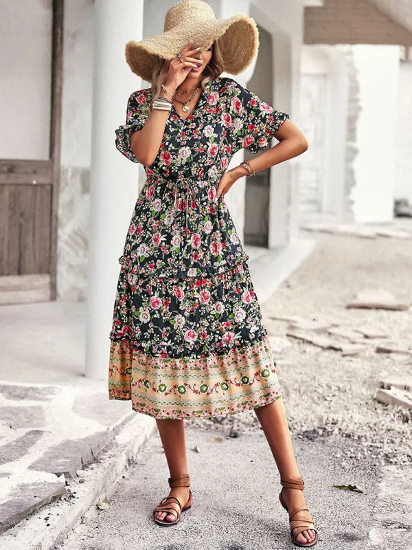 Bohemian A-line Skirt with Floral Print and High-Low Hem