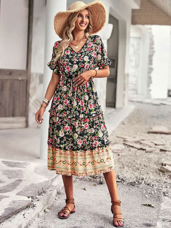 Bohemian A-line Skirt with Floral Print and High-Low Hem