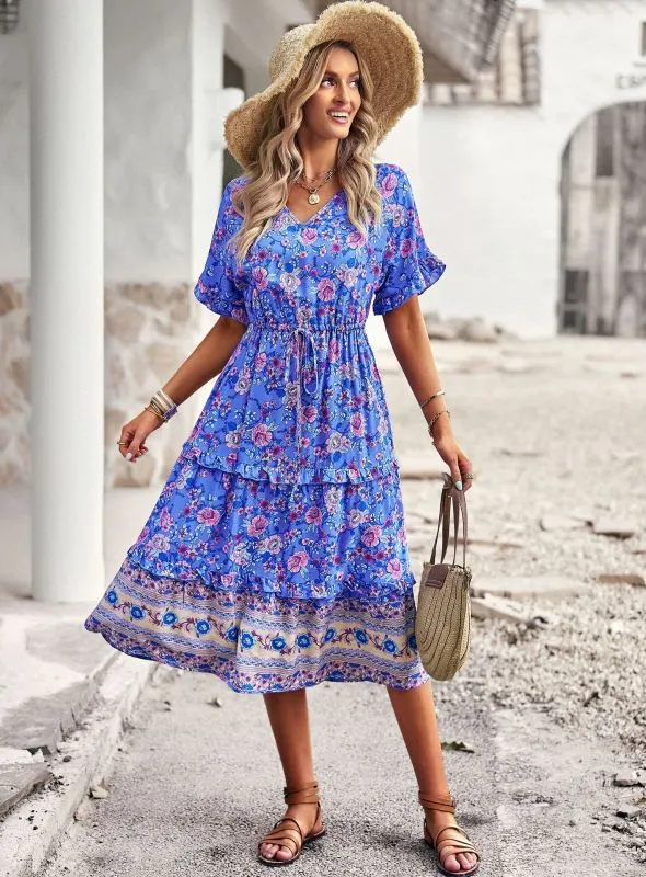 Bohemian A-line Skirt with Floral Print and High-Low Hem