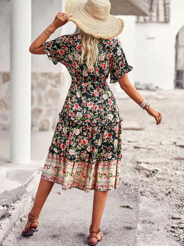 Bohemian A-line Skirt with Floral Print and High-Low Hem