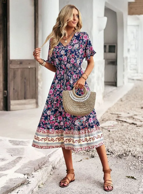 Bohemian A-line Skirt with Floral Print and High-Low Hem