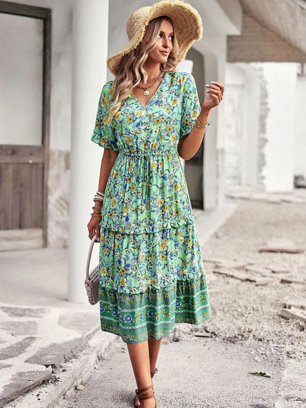 Bohemian A-line Skirt with Floral Print and High-Low Hem