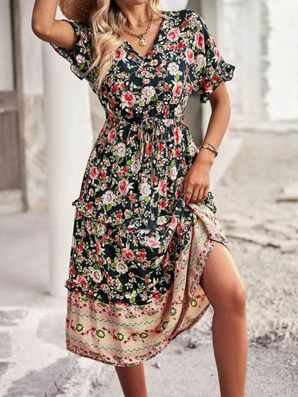 Bohemian A-line Skirt with Floral Print and High-Low Hem
