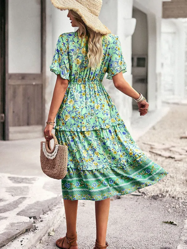 Bohemian A-line Skirt with Floral Print and High-Low Hem