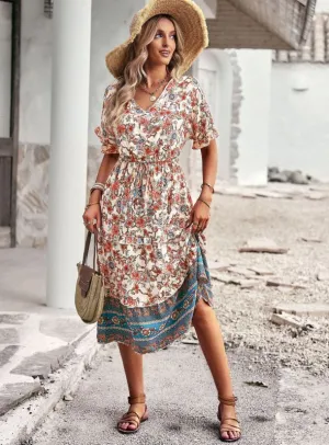 Bohemian A-line Skirt with Floral Print and High-Low Hem