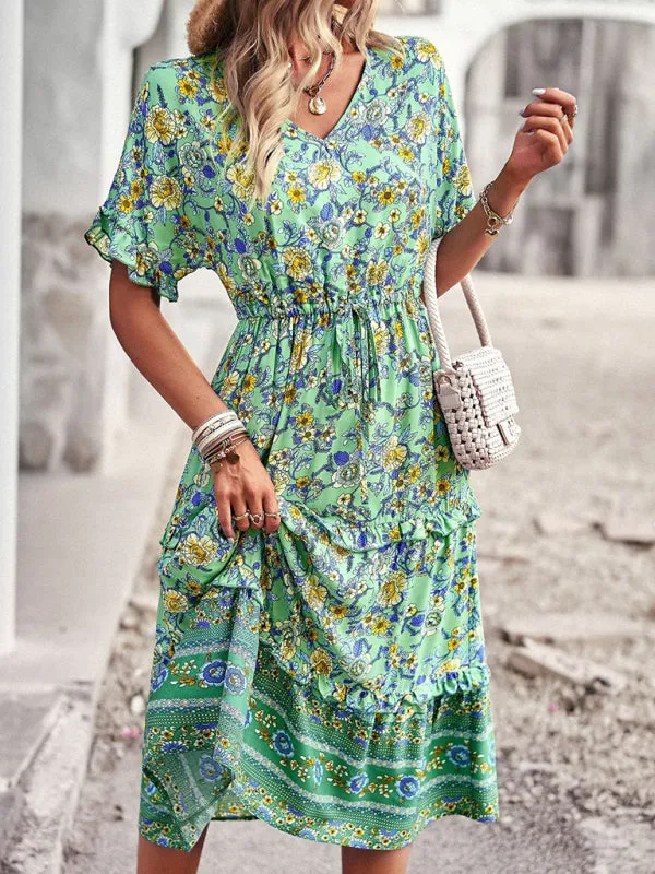 Bohemian A-line Skirt with Floral Print and High-Low Hem