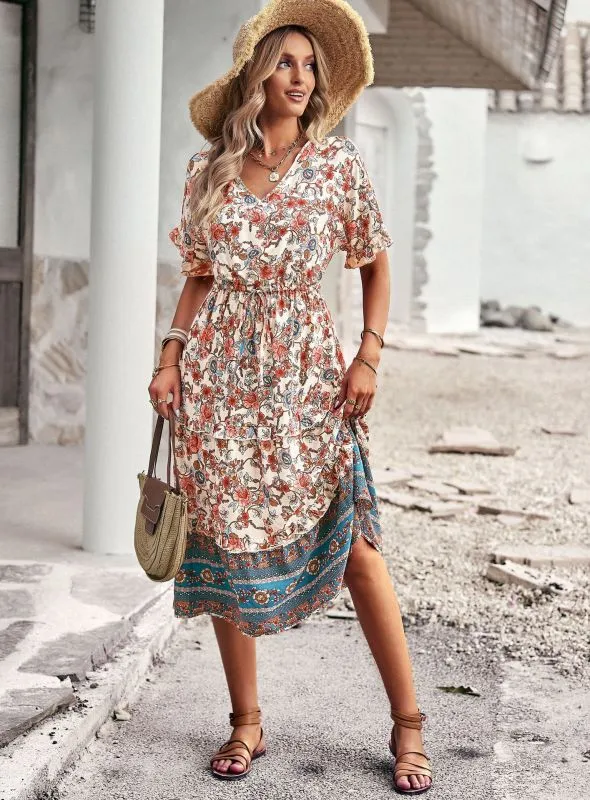 Bohemian A-line Skirt with Floral Print and High-Low Hem