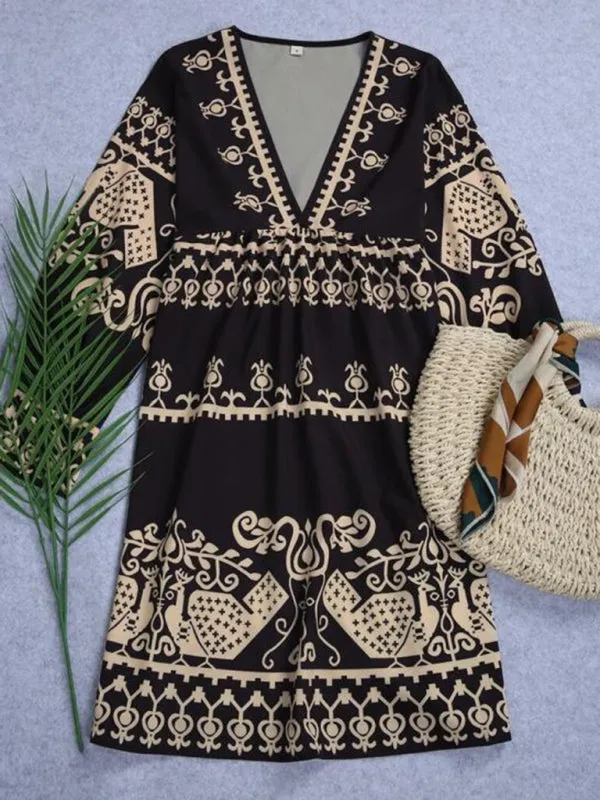 Bohemian Ethnic Style Dress with Geometric Print and V-Neck