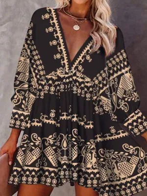 Bohemian Ethnic Style Dress with Geometric Print and V-Neck