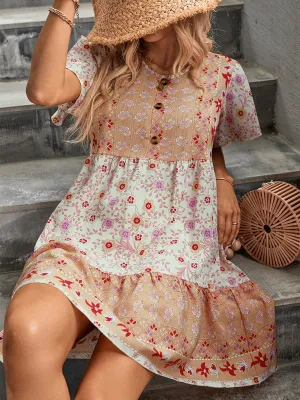 Bohemian Floral Print Dress with Button-Down Detail