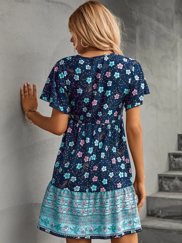 Bohemian Floral Print Dress with Button-Down Detail