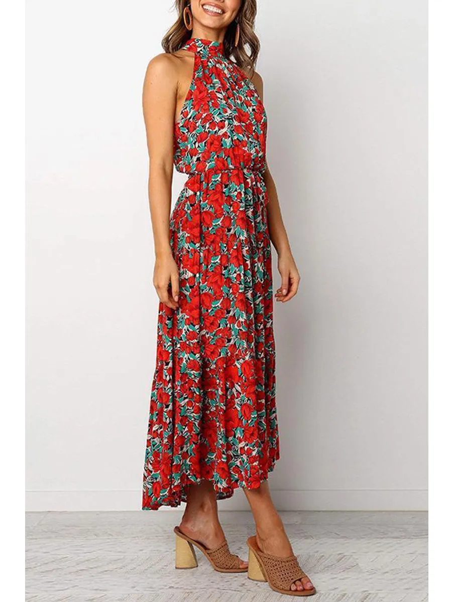 Bohemian Floral Print Halter Maxi Dress