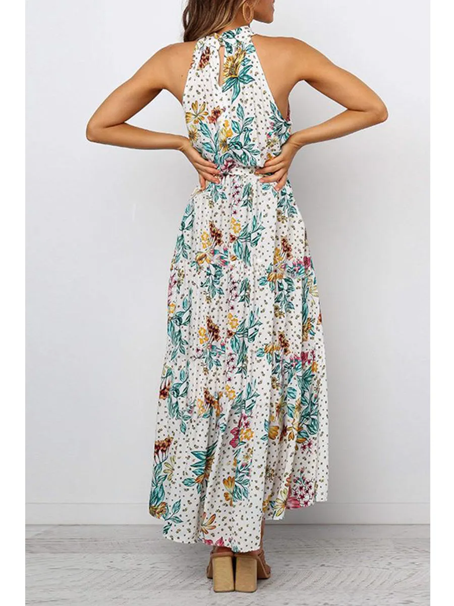 Bohemian Floral Print Halter Maxi Dress