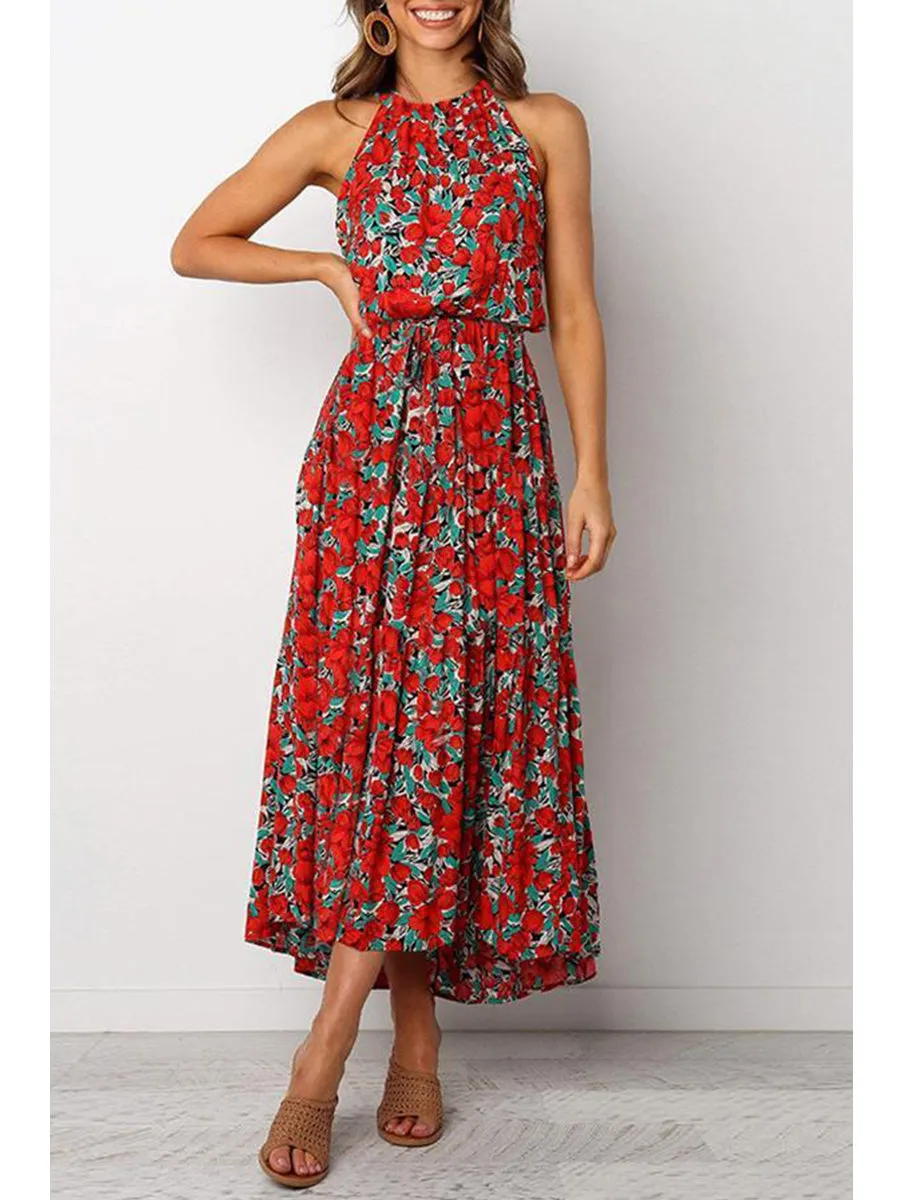Bohemian Floral Print Halter Maxi Dress