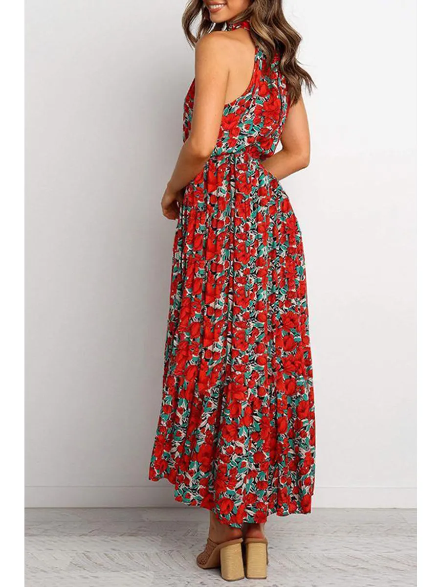 Bohemian Floral Print Halter Maxi Dress