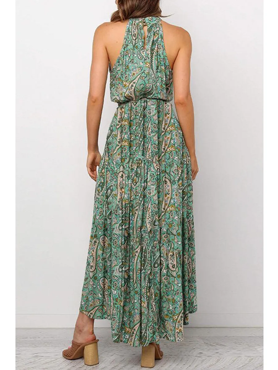 Bohemian Floral Print Halter Maxi Dress