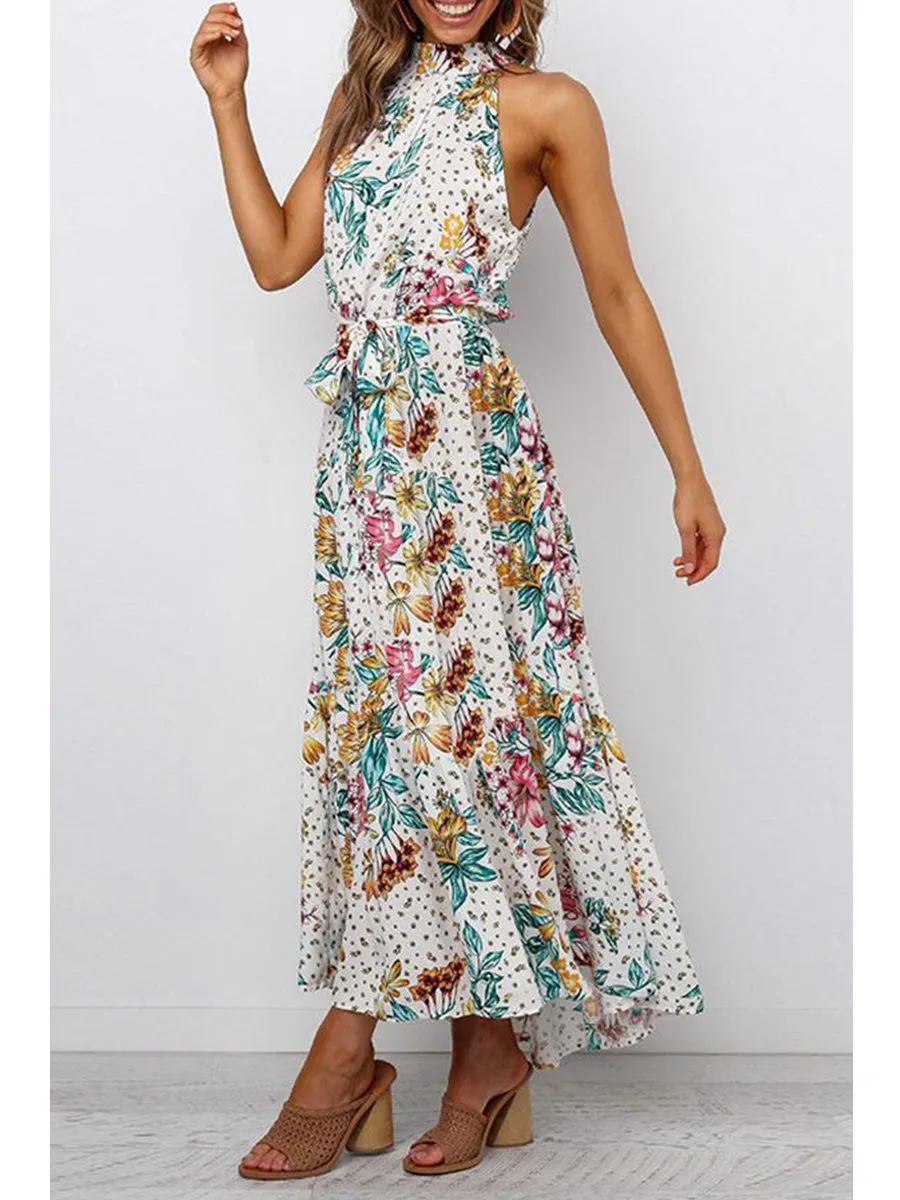 Bohemian Floral Print Halter Maxi Dress
