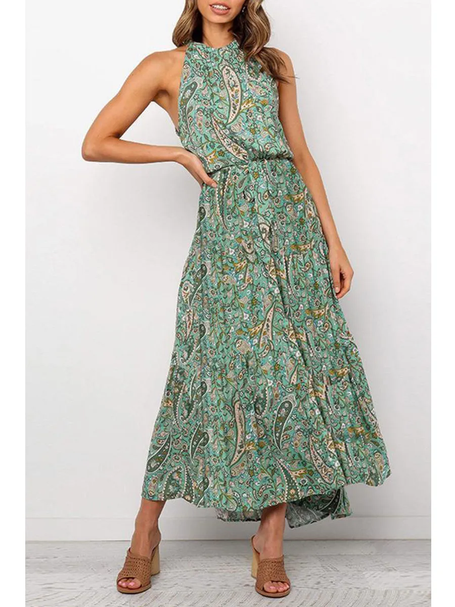 Bohemian Floral Print Halter Maxi Dress