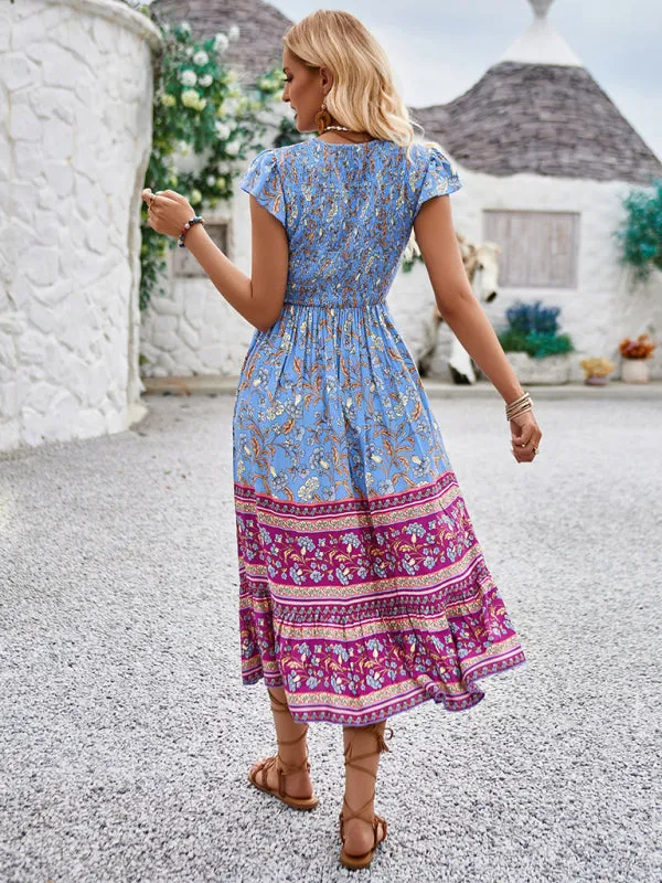Bohemian Floral Print Midi Dress with V-Neck and Flying Sleeves