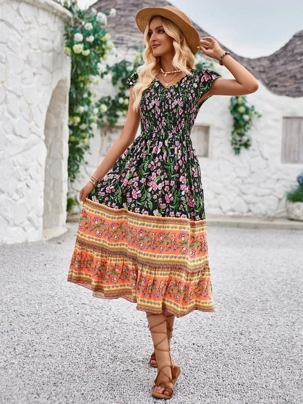 Bohemian Floral Print Midi Dress with V-Neck and Flying Sleeves