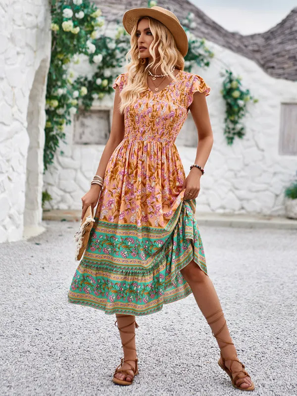 Bohemian Floral Print Midi Dress with V-Neck and Flying Sleeves