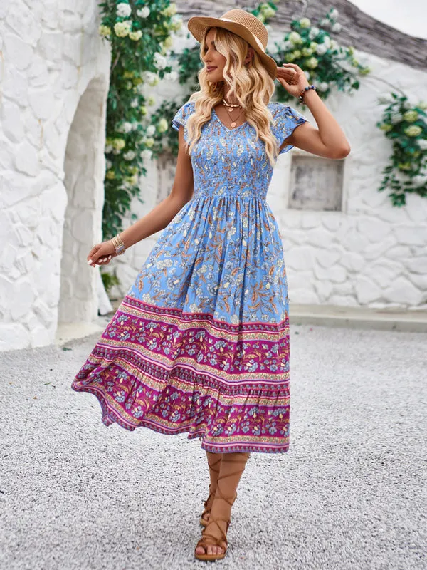 Bohemian Floral Print Midi Dress with V-Neck and Flying Sleeves