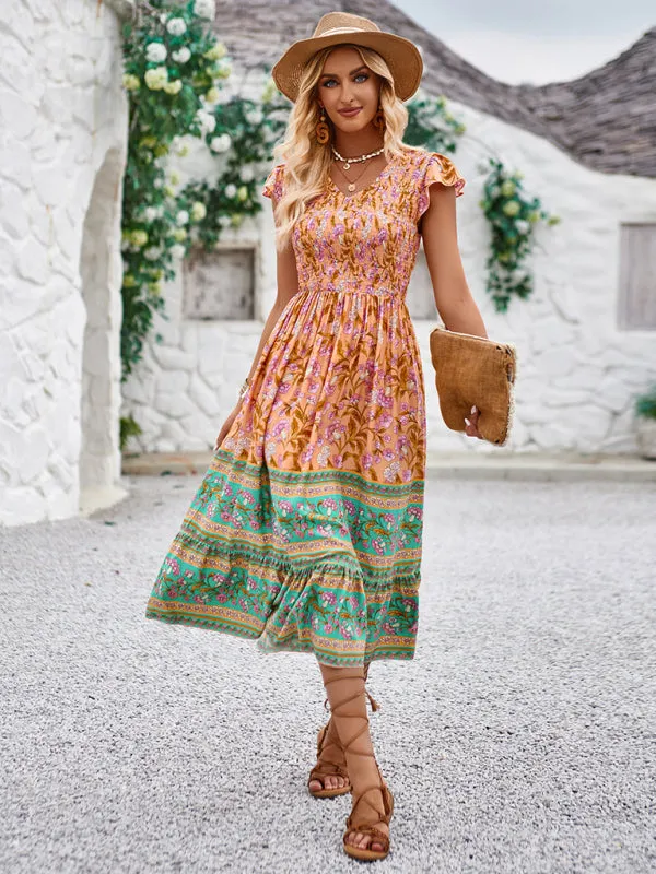 Bohemian Floral Print Midi Dress with V-Neck and Flying Sleeves