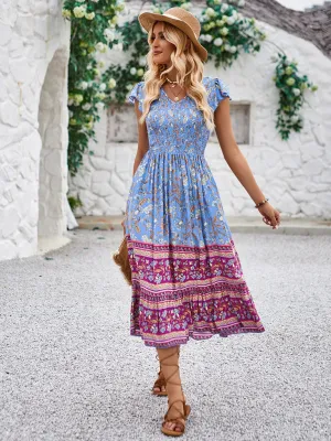 Bohemian Floral Print Midi Dress with V-Neck and Flying Sleeves