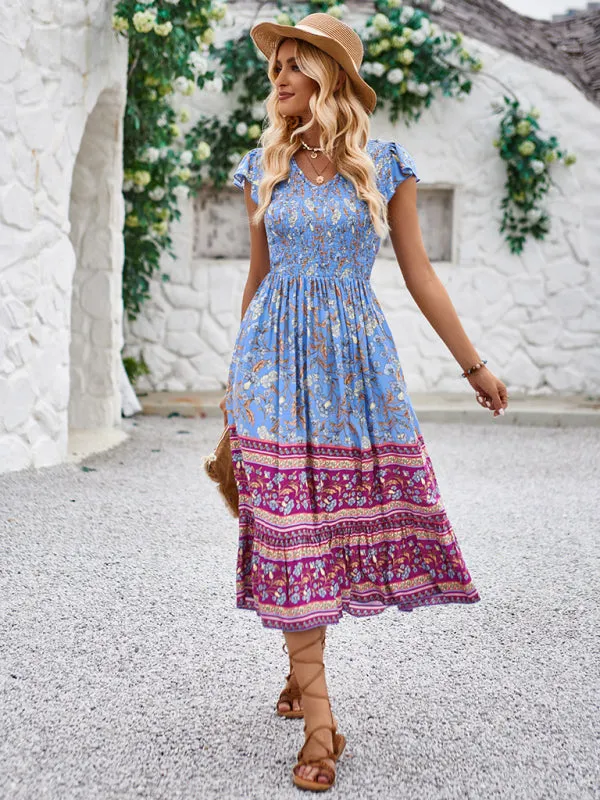 Bohemian Floral Print Midi Dress with V-Neck and Flying Sleeves