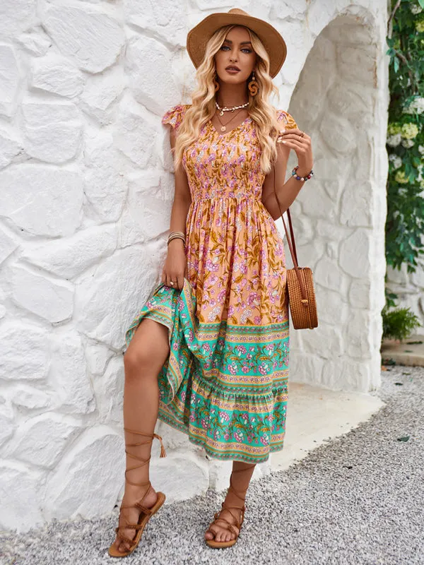 Bohemian Floral Print Midi Dress with V-Neck and Flying Sleeves