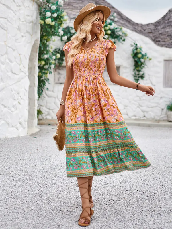 Bohemian Floral Print Midi Dress with V-Neck and Flying Sleeves