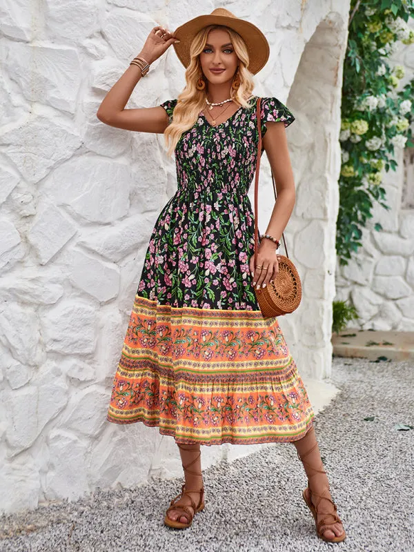 Bohemian Floral Print Midi Dress with V-Neck and Flying Sleeves