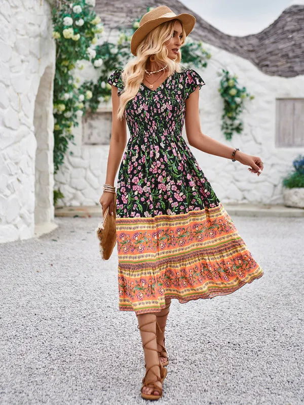 Bohemian Floral Print Midi Dress with V-Neck and Flying Sleeves
