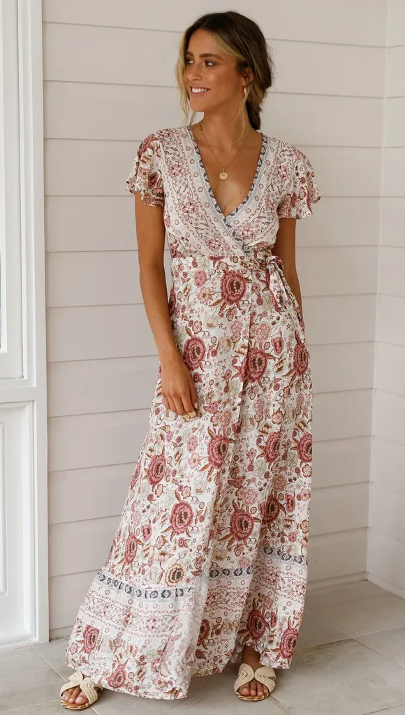 Bohemian Floral Wrap Maxi Dress