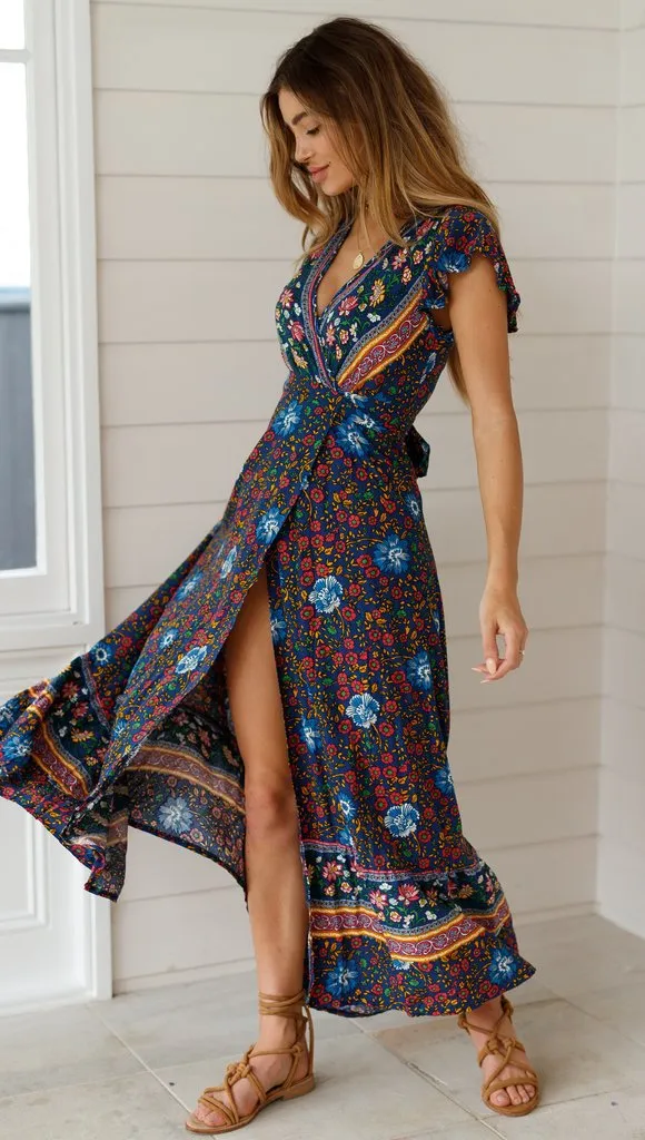 Bohemian Floral Wrap Maxi Dress