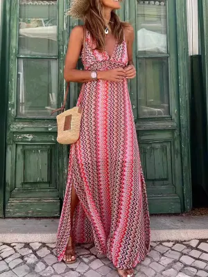Bohemian Geometric Print Maxi Dress with V-Neck and Slit