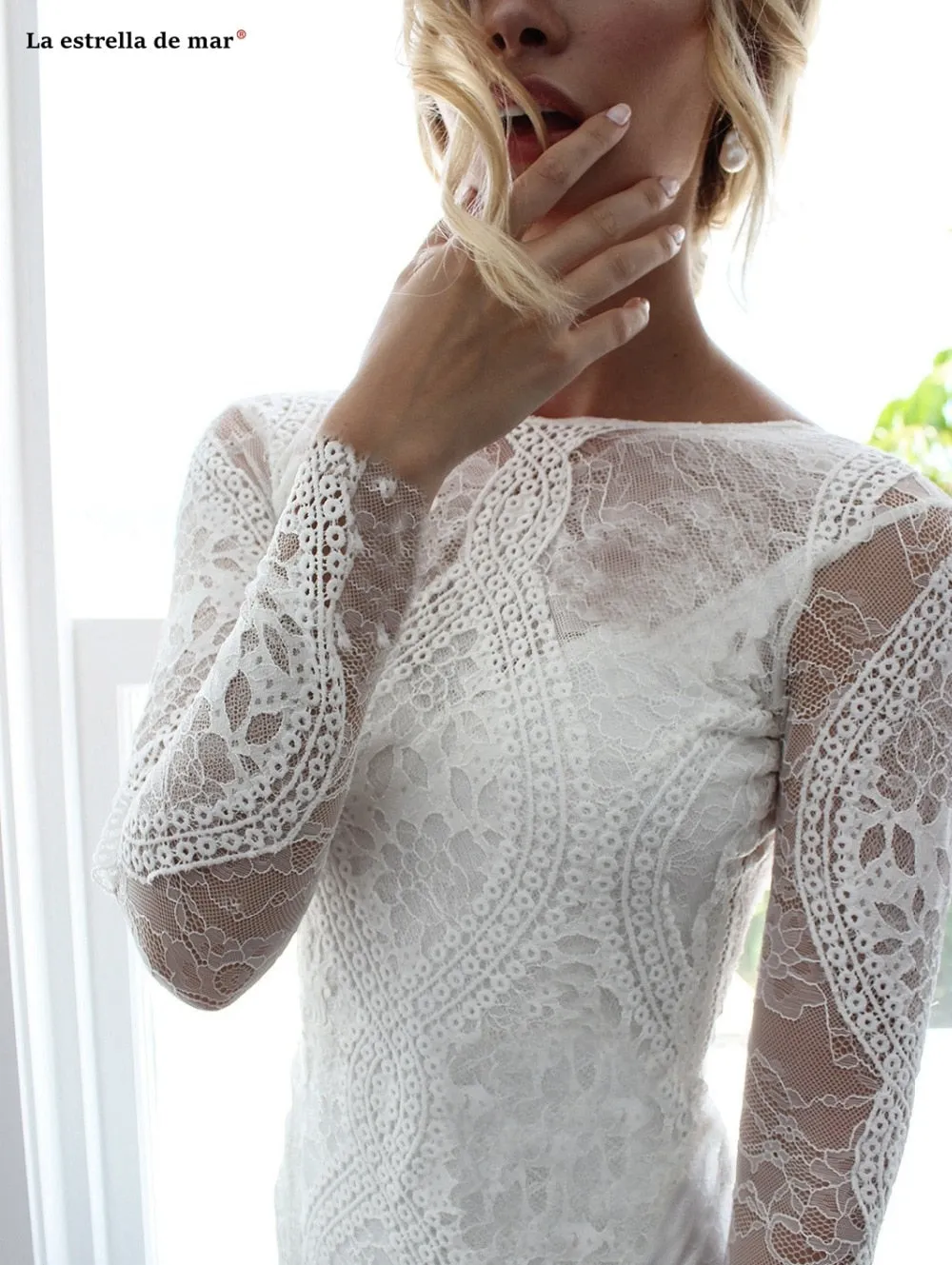 Bohemian Inspired Lace Long Sleeve Ivory Beach Wedding Dress