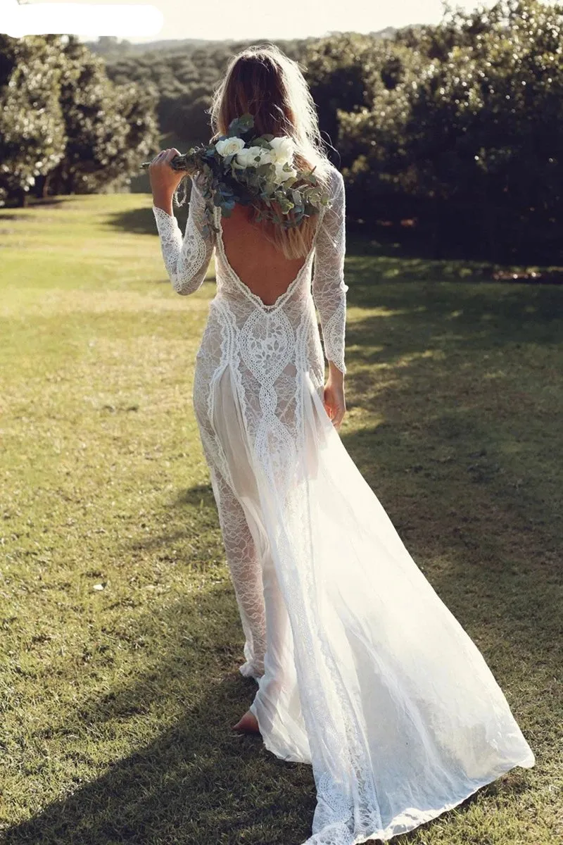Bohemian Inspired Lace Long Sleeve Ivory Beach Wedding Dress