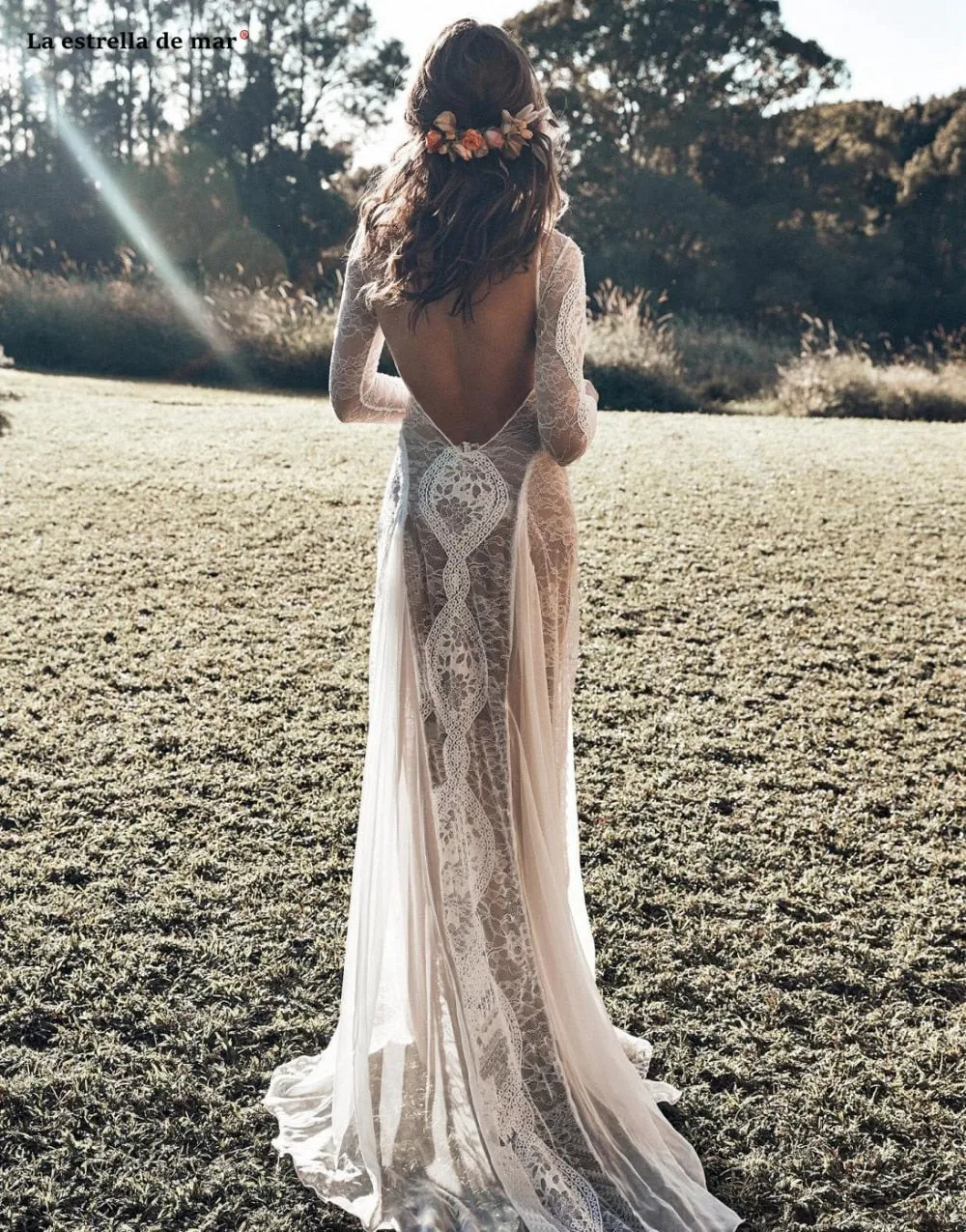 Bohemian Inspired Lace Long Sleeve Ivory Beach Wedding Dress