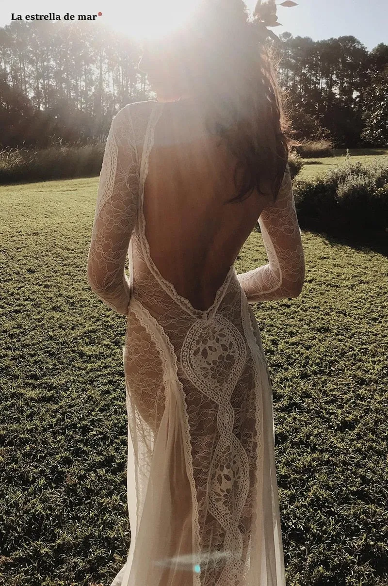 Bohemian Inspired Lace Long Sleeve Ivory Beach Wedding Dress