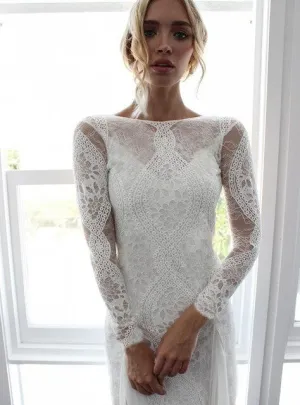 Bohemian Inspired Lace Long Sleeve Ivory Beach Wedding Dress
