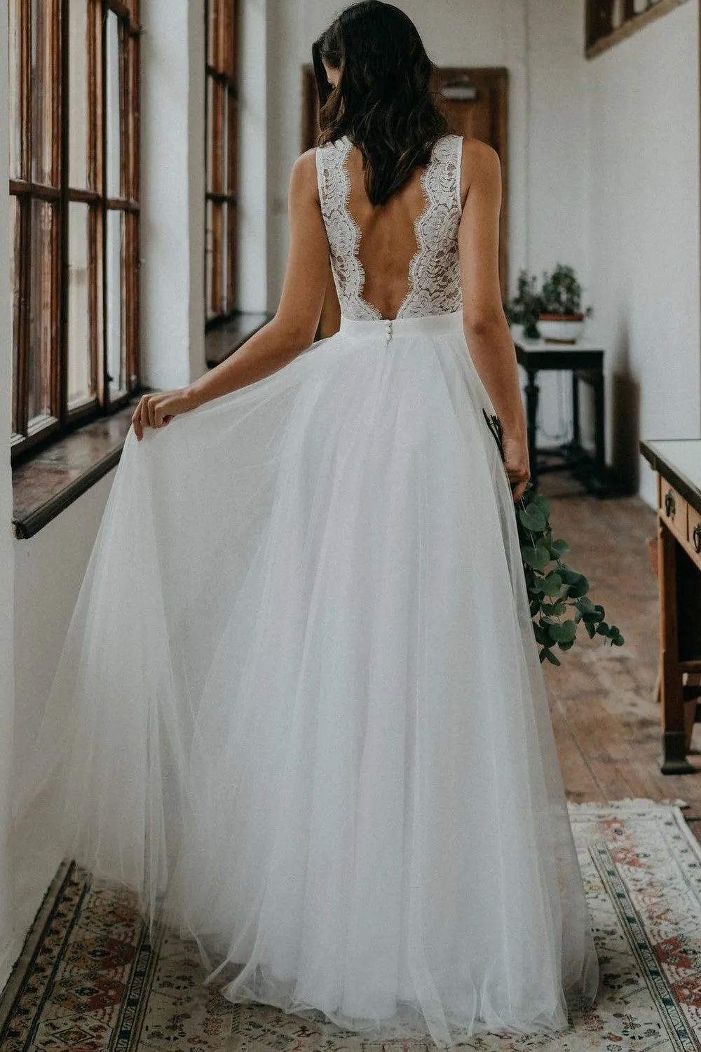 Bohemian Lace Summer Wedding Dress for Bride Tulle Skirt