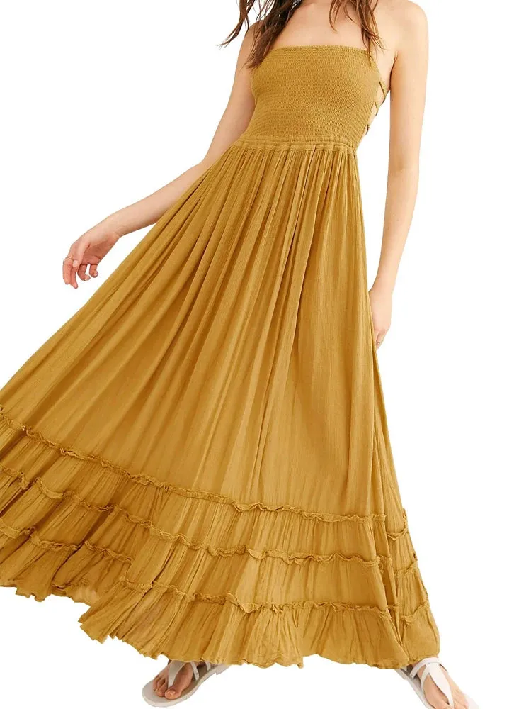 Bohemian Lace-Up Maxi Dress with Backless Detail