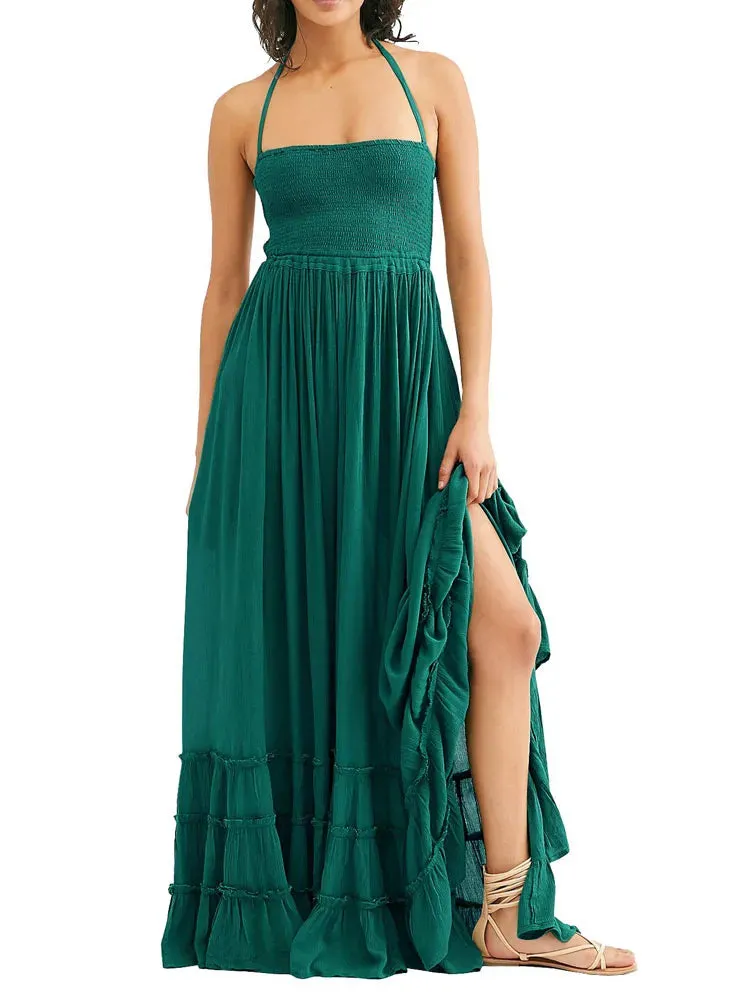 Bohemian Lace-Up Maxi Dress with Backless Detail