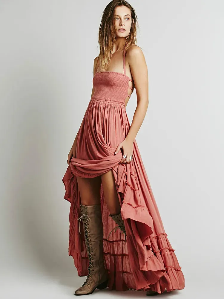 Bohemian Lace-Up Maxi Dress with Backless Detail