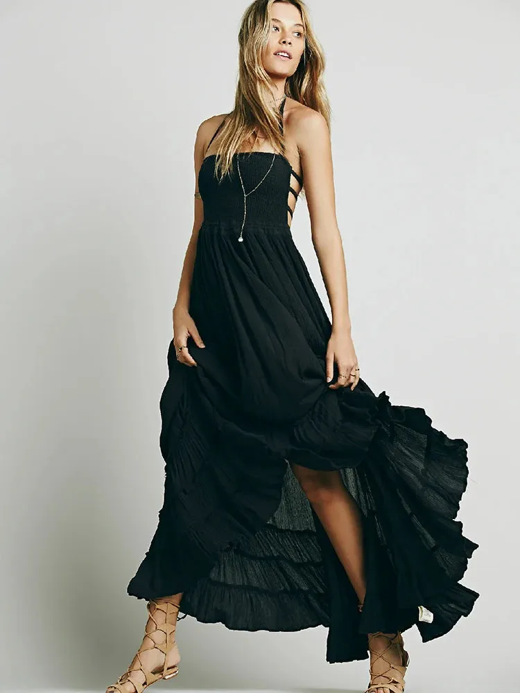 Bohemian Lace-Up Maxi Dress with Backless Detail