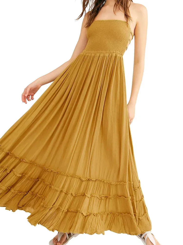 Bohemian Lace-Up Maxi Dress with Backless Detail