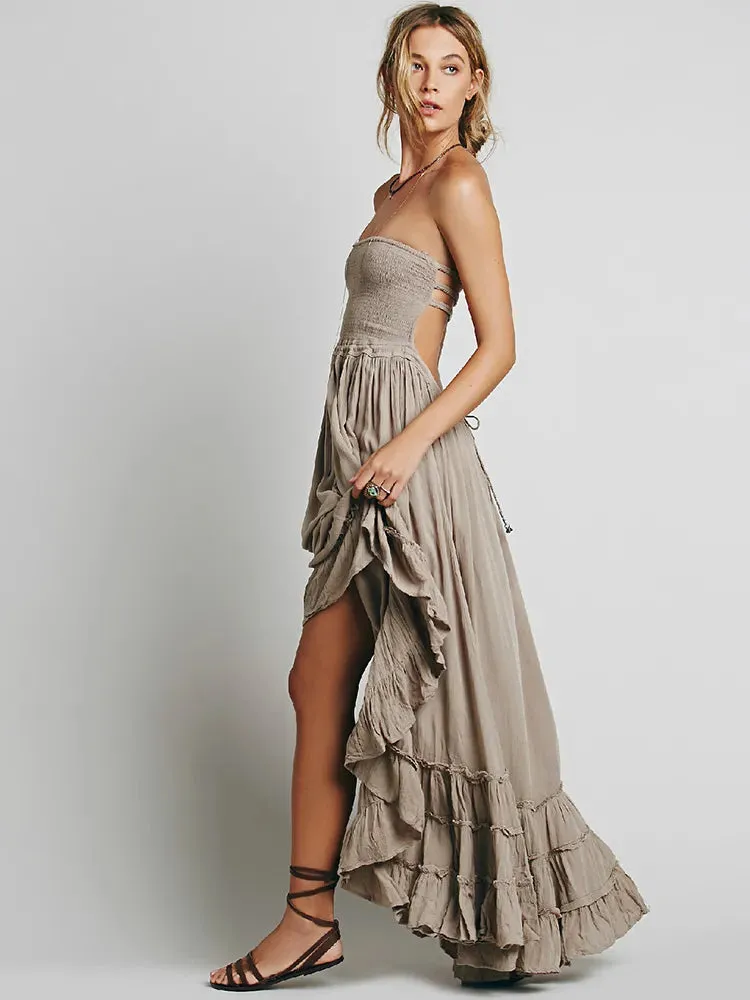 Bohemian Lace-Up Maxi Dress with Backless Detail