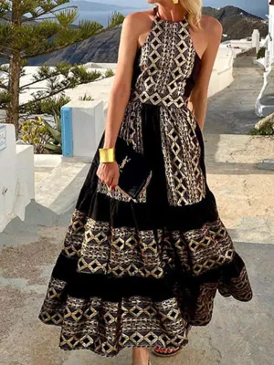 Bohemian Maxi Dress with Geometric Print and Halter Neck