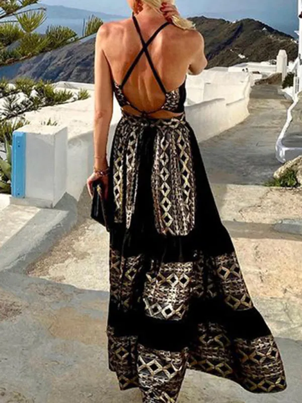 Bohemian Maxi Dress with Geometric Print and Halter Neck